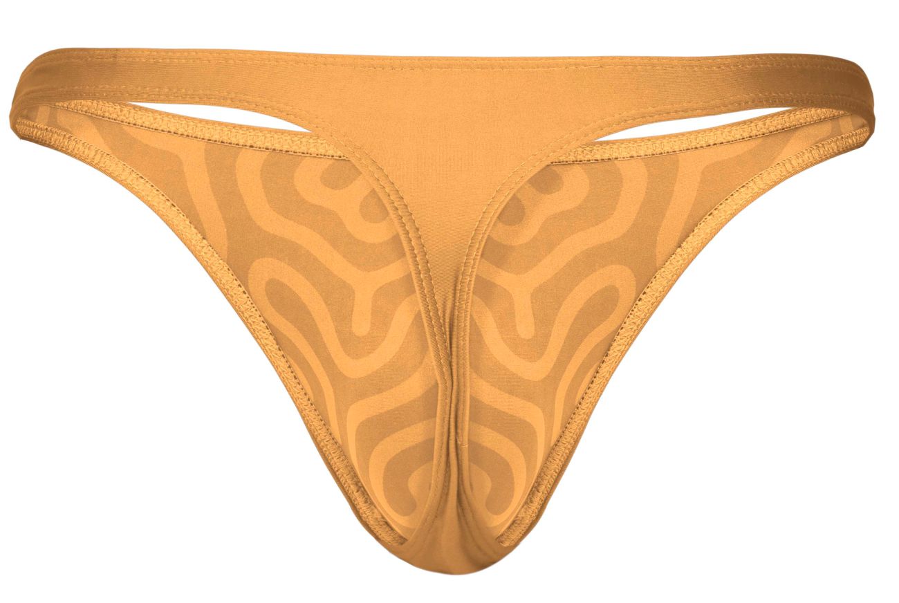 Golden-yellow clever 1773 cactus thong with subtle swirling pattern and seamless stitching in orange color