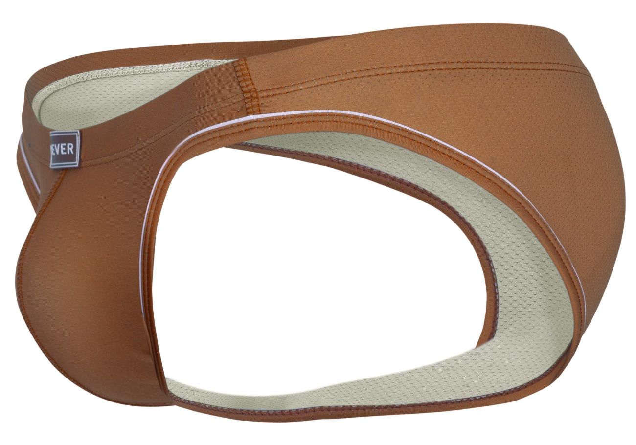 Brown leather-like men’s briefs clever 1782 argovia with light beige mesh lining and white stitching in ochre color
