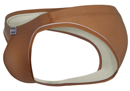 Brown leather-like men’s briefs clever 1782 argovia with light beige mesh lining and white stitching in ochre color