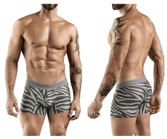 Gray and white zebra-striped boxer briefs with gray elastic waistband from Clever 1800 Cebra trunks color gray collection