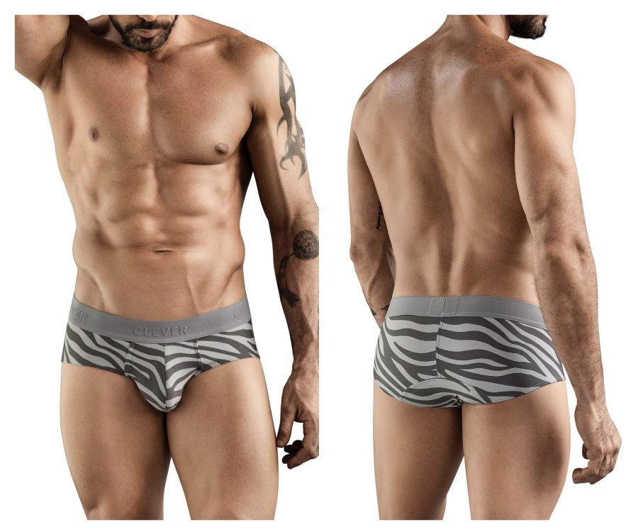 Gray and white zebra-striped clever 1801 cebra men’s briefs with branded elastic waistband in front view