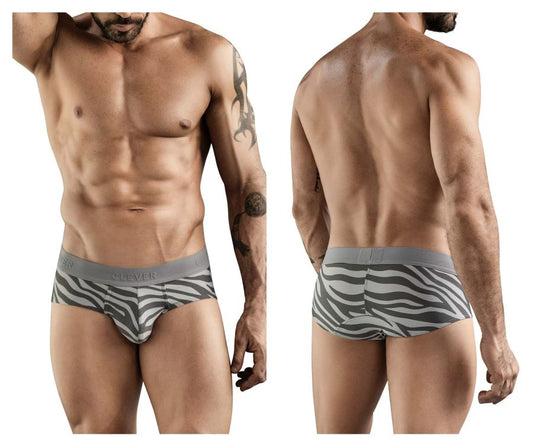 Gray and white zebra-striped clever 1801 cebra men’s briefs with branded elastic waistband in front view