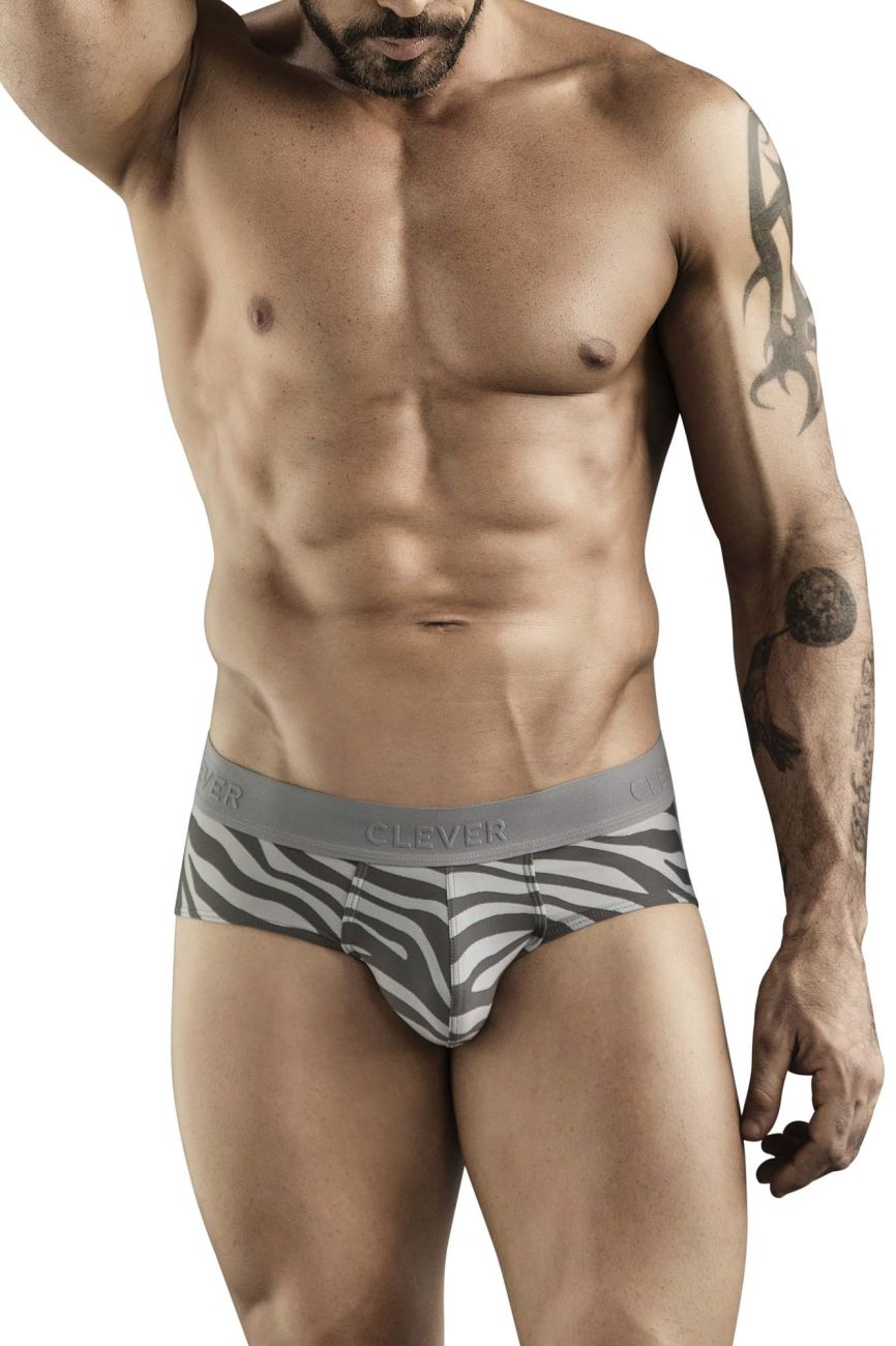 Gray and white zebra-striped clever 1801 cebra briefs with gray elastic waistband for men’s underwear