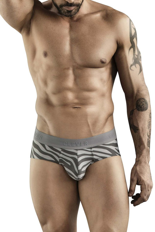 Gray and white zebra-striped clever 1801 cebra briefs with gray elastic waistband for men’s underwear