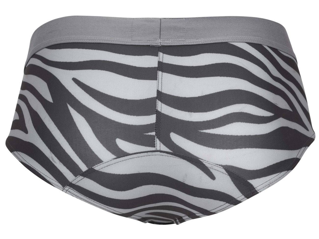 Clever 1801 cebra briefs featuring a gray waistband and black-and-white zebra-striped fabric front view