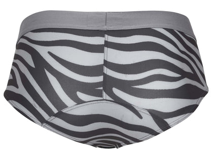 Clever 1801 cebra briefs featuring a gray waistband and black-and-white zebra-striped fabric front view
