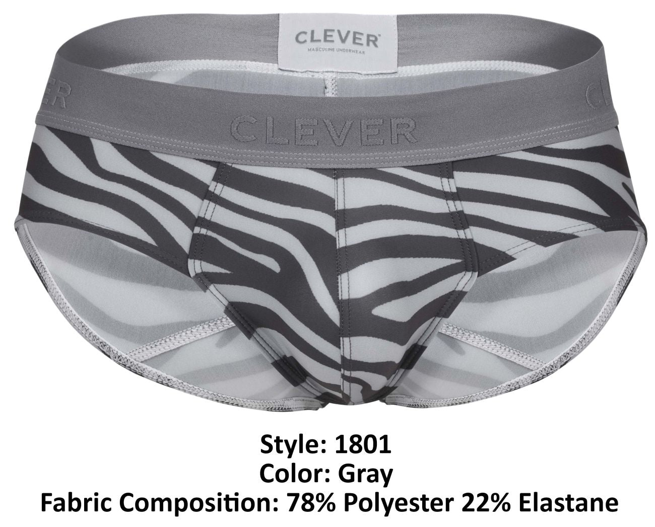 Clever 1801 cebra briefs in gray zebra print with gray waistband made of 78 polyester and 22 elastane