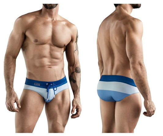 Clever 1802 wave swim briefs in blue with white stripes and a drawstring waistband for swimming and beachwear