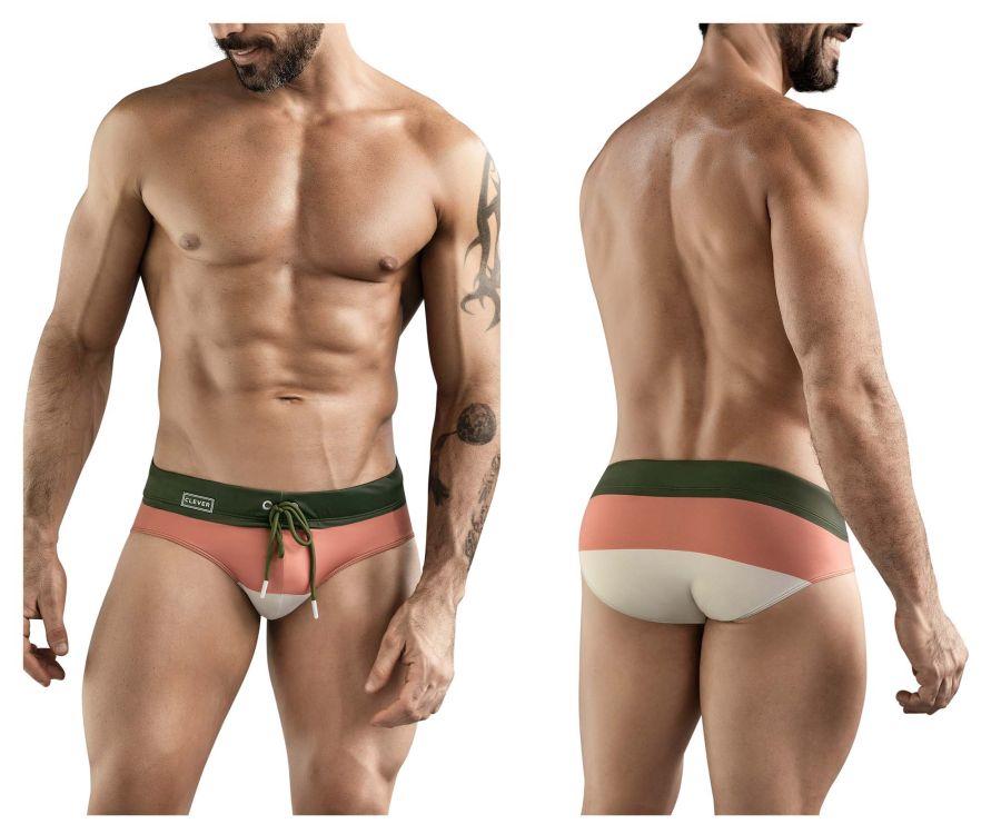 Men’s clever 1802 wave swim briefs in green with coral and white stripes and dark green drawstring waistband