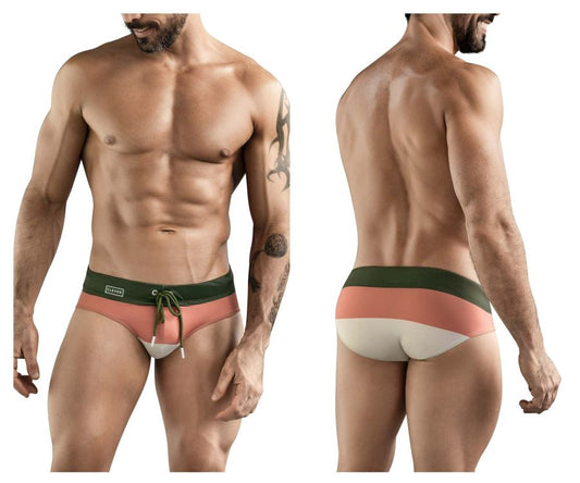 Men’s clever 1802 wave swim briefs in green with coral and white stripes and dark green drawstring waistband