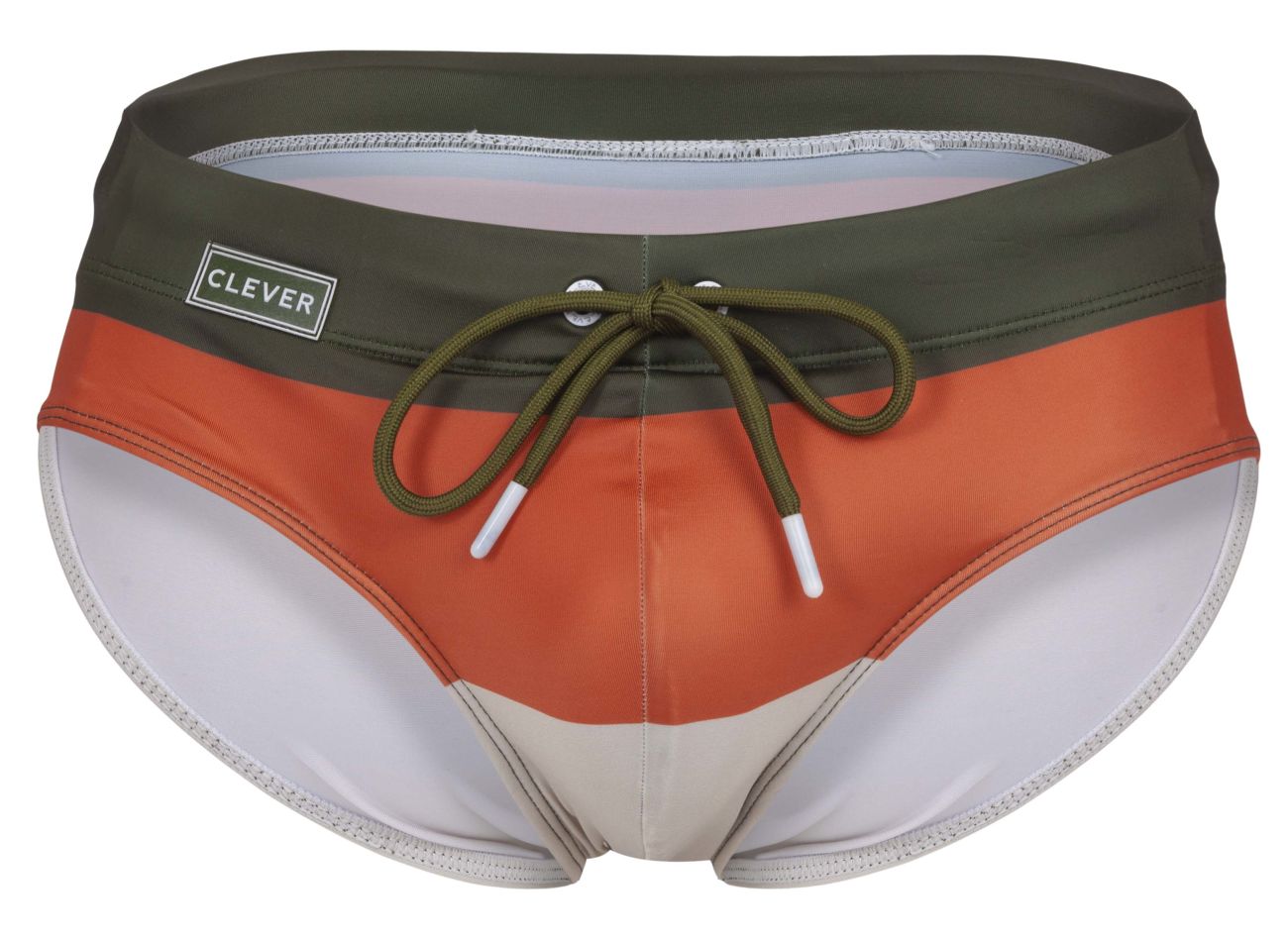 Olive green and orange striped clever 1802 wave swim briefs with white trim and drawstring waistband for swimming