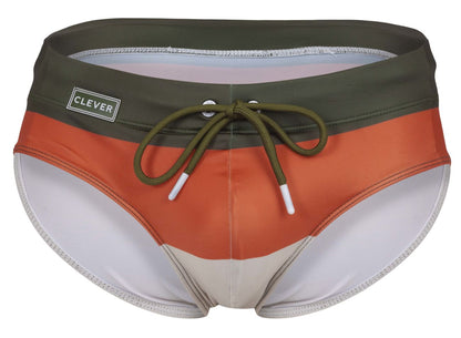 Olive green and orange striped clever 1802 wave swim briefs with white trim and drawstring waistband for swimming
