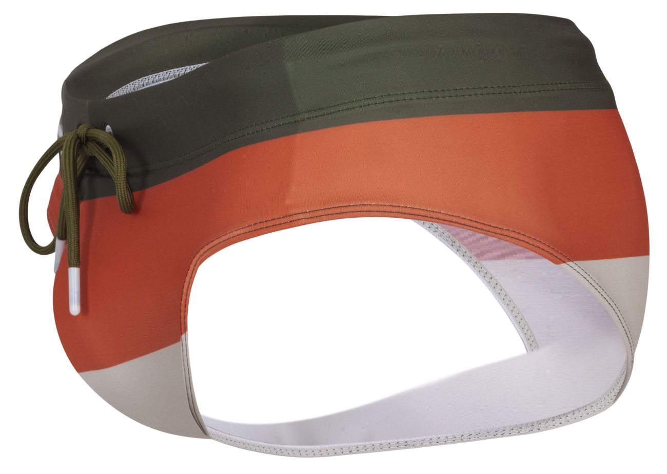Olive green orange and white striped clever 1802 wave swim briefs with drawstring waistband for swimming
