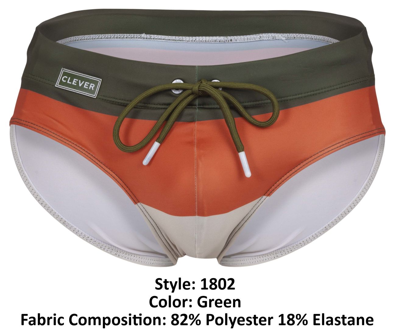 Clever 1802 wave swim briefs in green orange and white color-block with olive drawstring for men