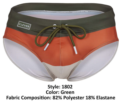Clever 1802 wave swim briefs in green orange and white color-block with olive drawstring for men