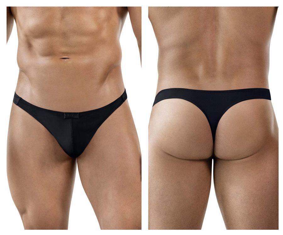 Black clever 1830 desirable thong with smooth form-fitting design and small brand tag at the front