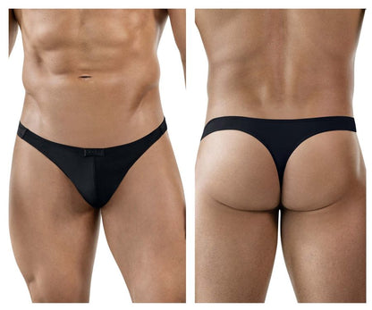 Black clever 1830 desirable thong with smooth form-fitting design and small brand tag at the front