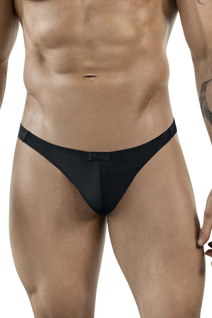 Black sleek form-fitting thong clever 1830 desirable thongs with subtle brand tag at the center front