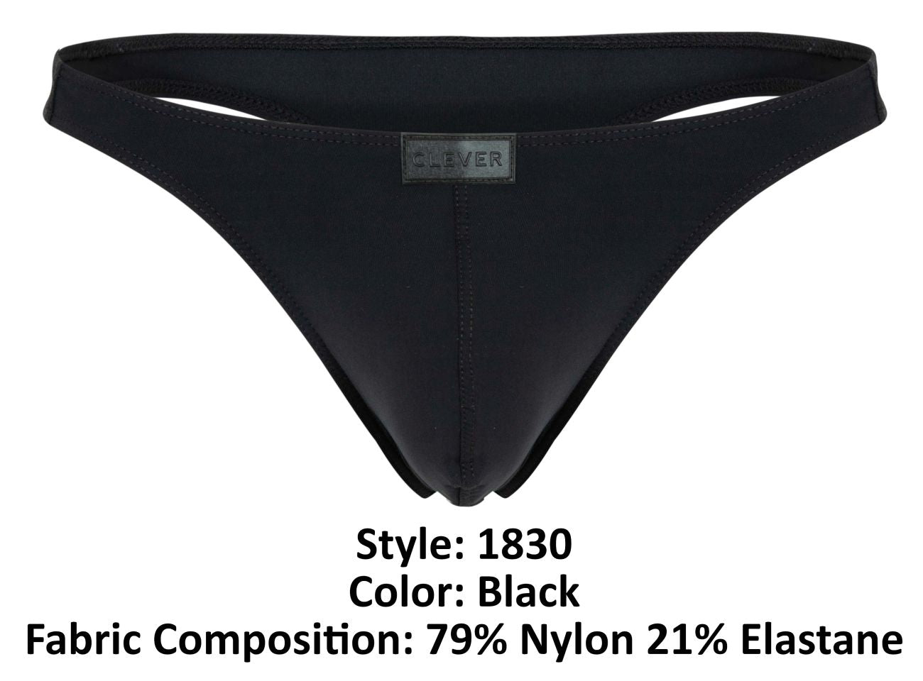 Black men’s thong in sleek minimalist design with clever brand label on waistband color black backside shown