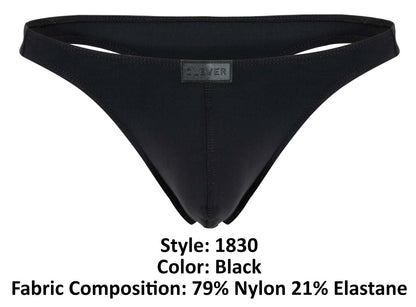 Black men’s thong in sleek minimalist design with clever brand label on waistband color black backside shown
