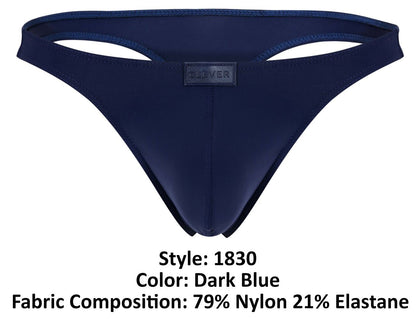 Dark blue clever 1830 desirable thong made of 79% nylon and 21% elastane with a small black brand label at center