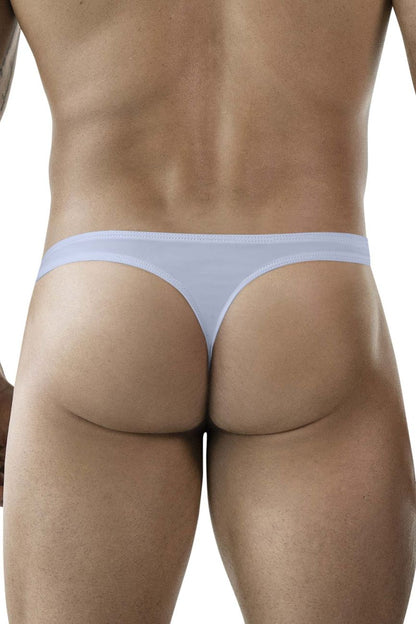 White thong in gray made of smooth stretchy fabric with a minimalist design shown from the back side