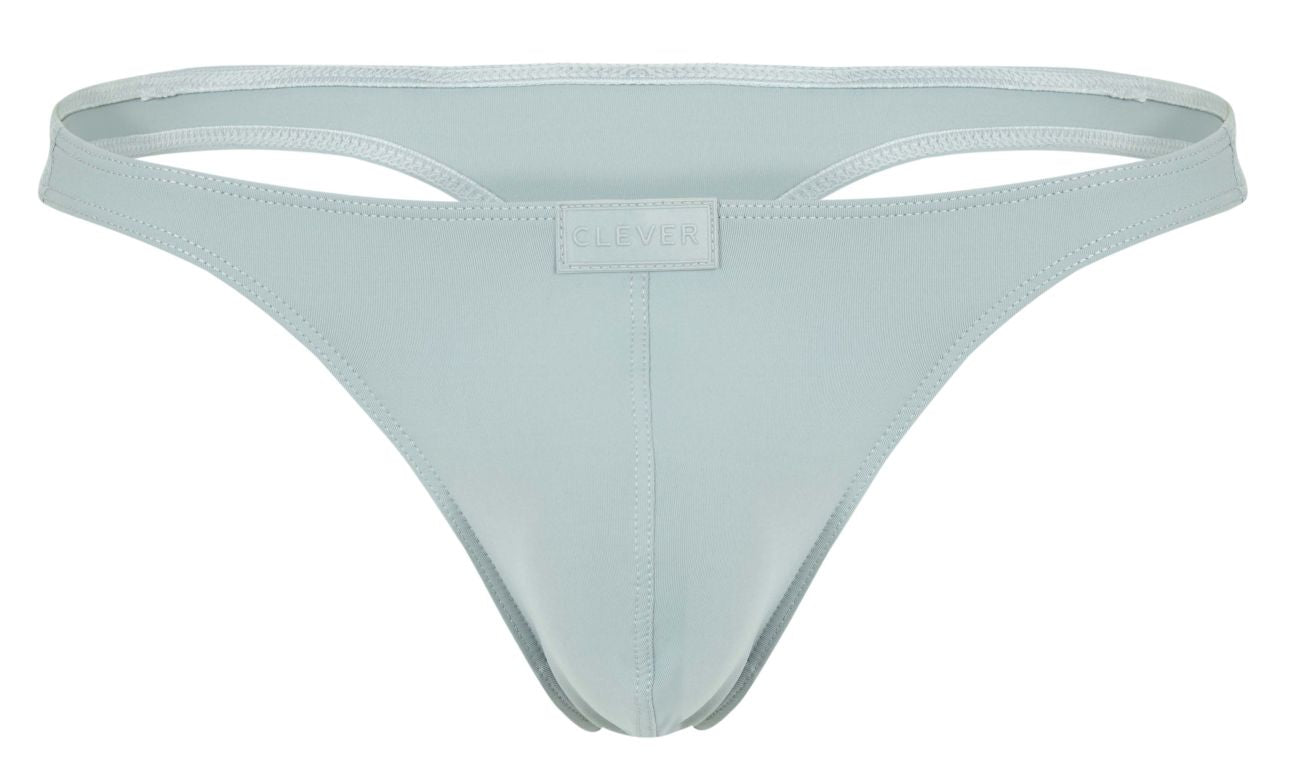 A sleek light blue clever 1830 desirable thong made of smooth fabric with a clover brand tag at the center