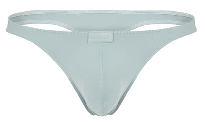 A sleek light blue clever 1830 desirable thong made of smooth fabric with a clover brand tag at the center