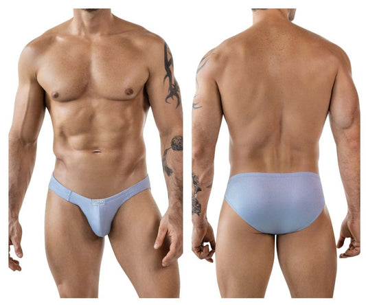 Light blue ribbed textured men’s briefs with subtle Clever 1845 Aura Bikini logo on the front