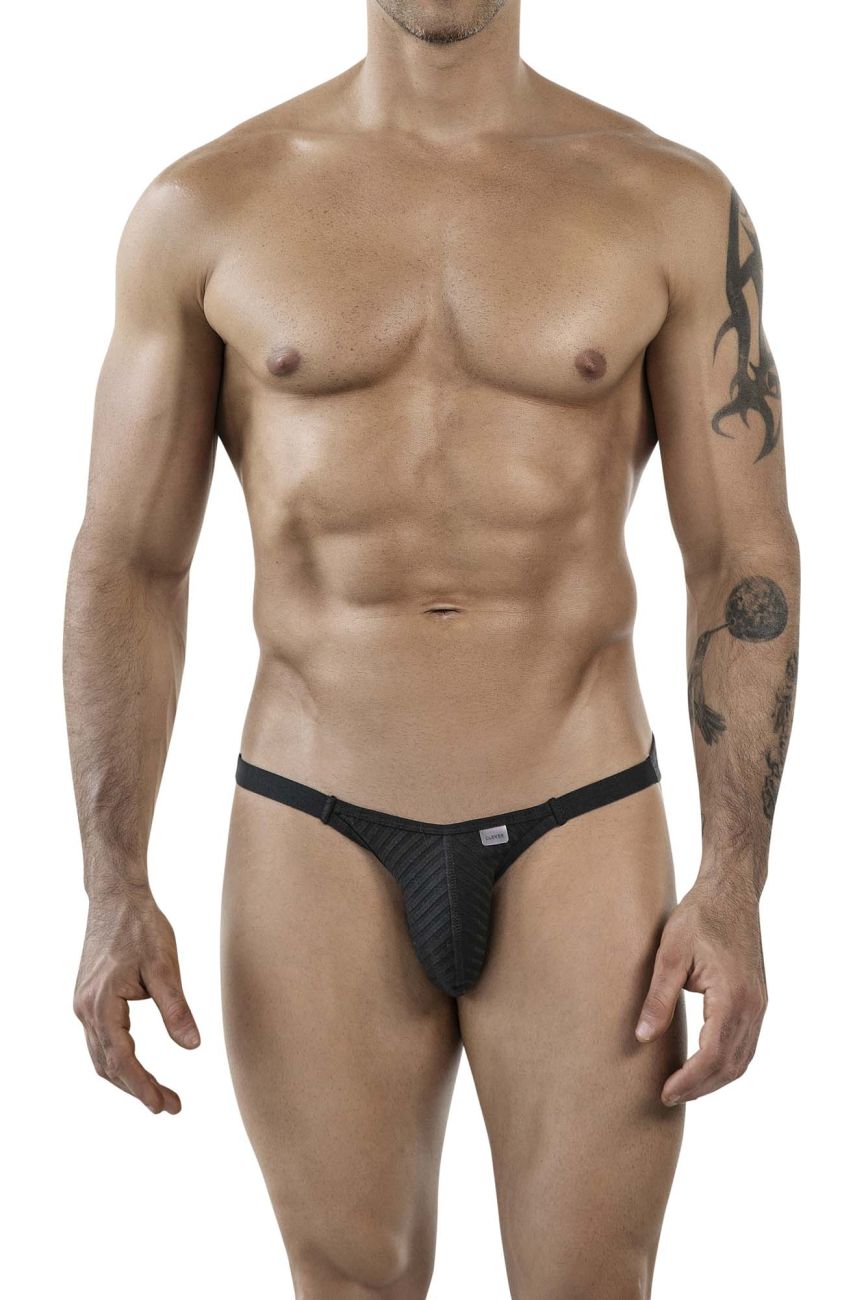 Black textured thong bikini with sleek form-fitting design from clever 1846 mantra collection front view