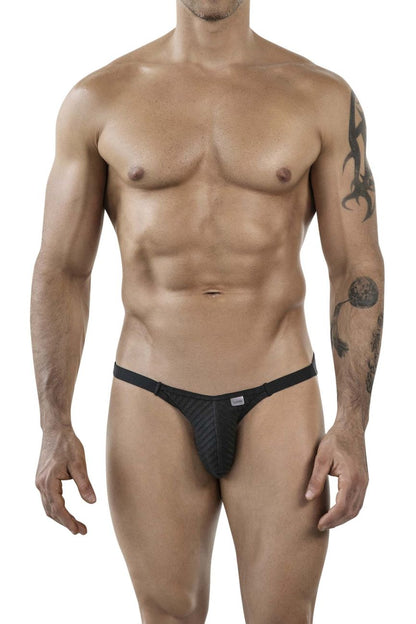 Black textured thong bikini with sleek form-fitting design from clever 1846 mantra collection front view