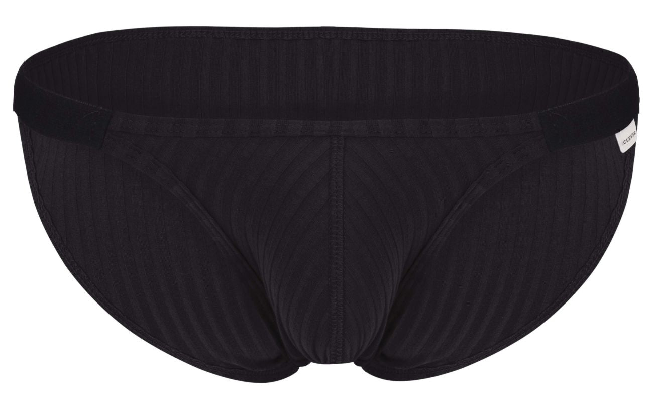 Black Clever 1846 Mantra bikini briefs with ribbed waistband and subtle vertical stitching in textured fabric