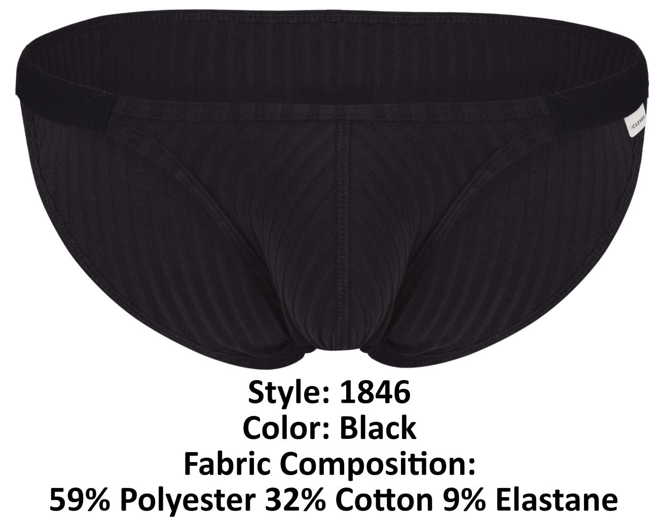 Clever 1846 mantra bikini black men’s briefs with ribbed texture and elastic waistband shown from the back
