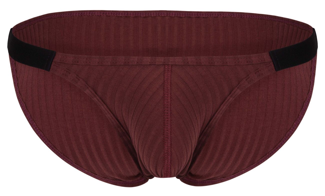 Clever 1846 mantra bikini briefs in grape ribbed fabric with a black elastic waistband front view