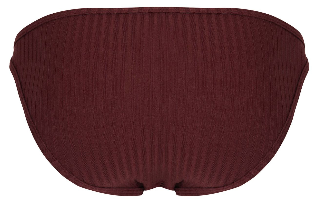 Maroon ribbed bikini bottom with sleek contoured design from clever 1846 mantra bikini color grape viewed from back