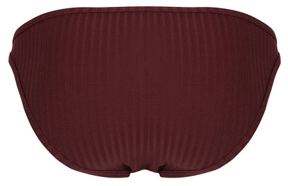 Maroon ribbed bikini bottom with sleek contoured design from clever 1846 mantra bikini color grape viewed from back