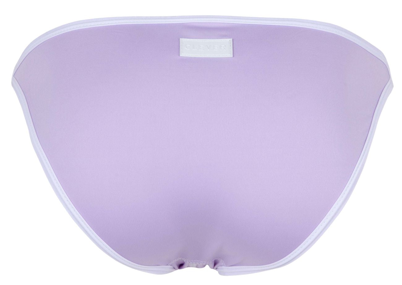 Lavender mesh bikini bottom with white trim and small rectangular label at waistband from clever 1848 relax bikini color lilac