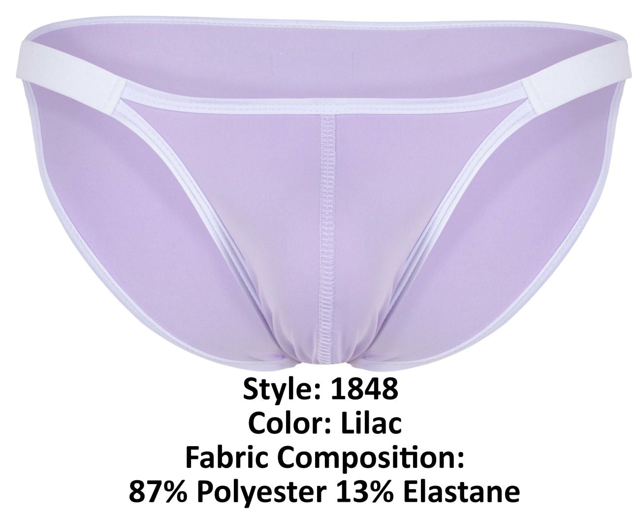 Lilac-colored sheer mesh Clever 1848 Relax bikini briefs with white trim and central seam in front view