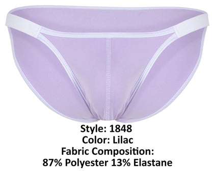 Lilac-colored sheer mesh Clever 1848 Relax bikini briefs with white trim and central seam in front view