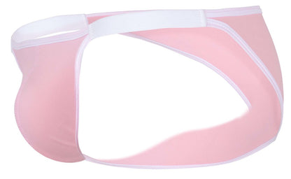 Pink sheer mesh briefs with white elastic waistband and trim from clever 1848 relax bikini collection