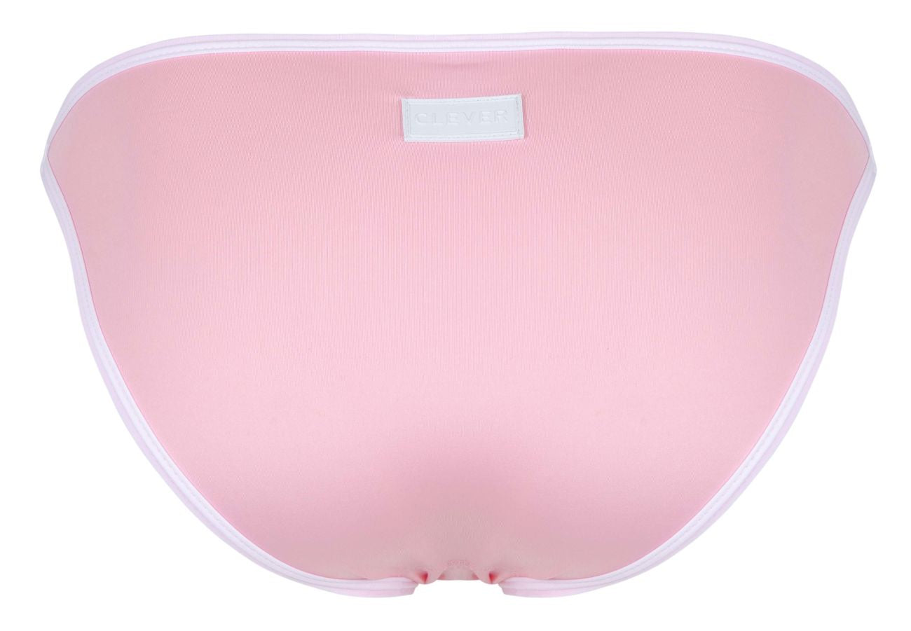 Back view of clever 1848 relax pink bikini bottom with white trim and small rectangular label in swimwear fabric