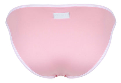 Back view of clever 1848 relax pink bikini bottom with white trim and small rectangular label in swimwear fabric