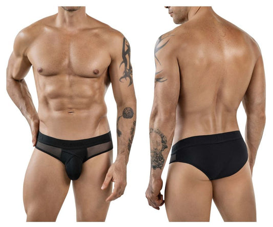 Black clever 1849 eros bikini briefs with sheer mesh side panels and solid fabric back for men’s underwear