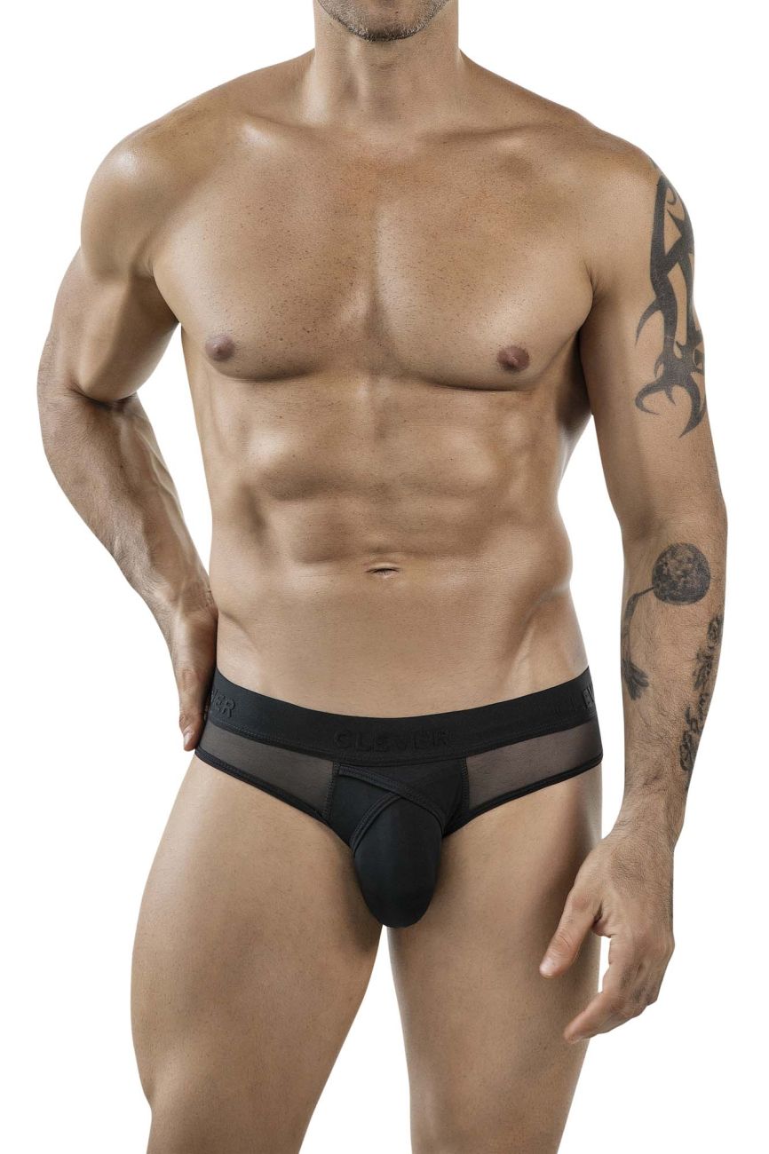 Black mesh and solid fabric briefs with a contoured design in clever 1849 eros bikini color black