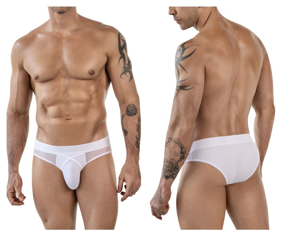White clever 1849 eros bikini briefs with sheer mesh side panel and supportive contoured design