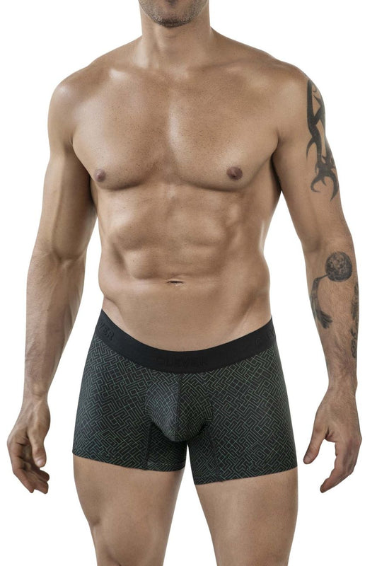 Black clever 1850 laberin trunks boxer briefs with subtle geometric pattern and solid black waistband
