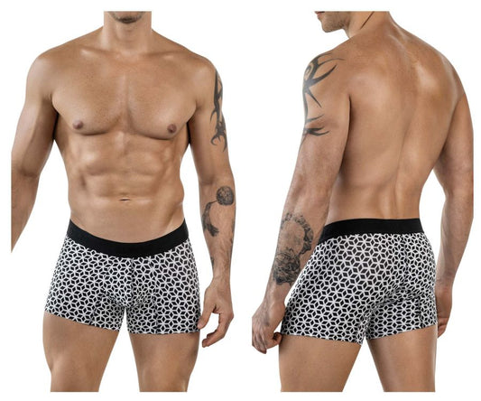 Clever 1854 cuadricula trunks white boxer briefs with black and white geometric pattern and solid black waistband