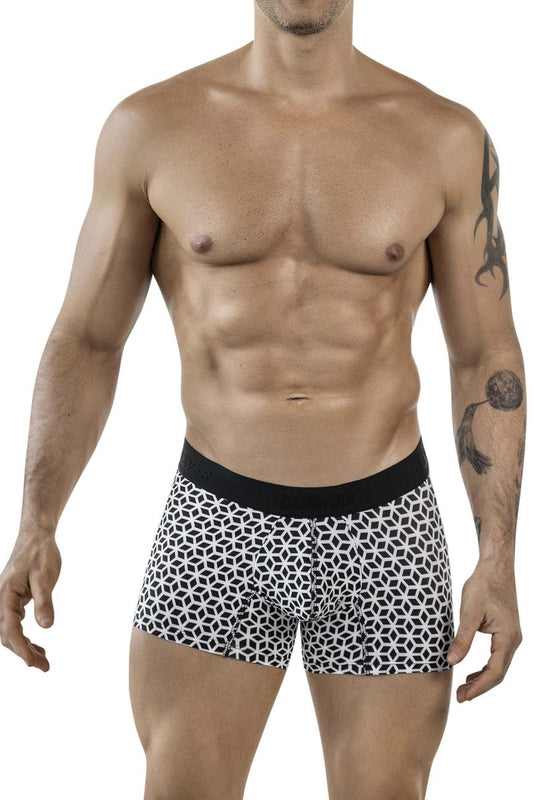 Black and white geometric patterned clever 1854 cuadricula trunks with solid black waistband in white color