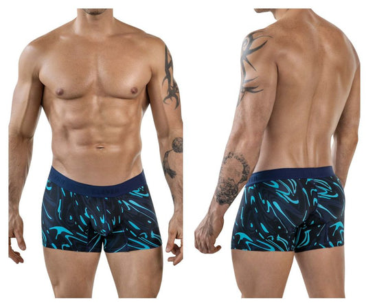 Men’s clever 1858 grosh trunks dark blue boxer briefs with navy base and turquoise abstract swirl pattern and dark waistband