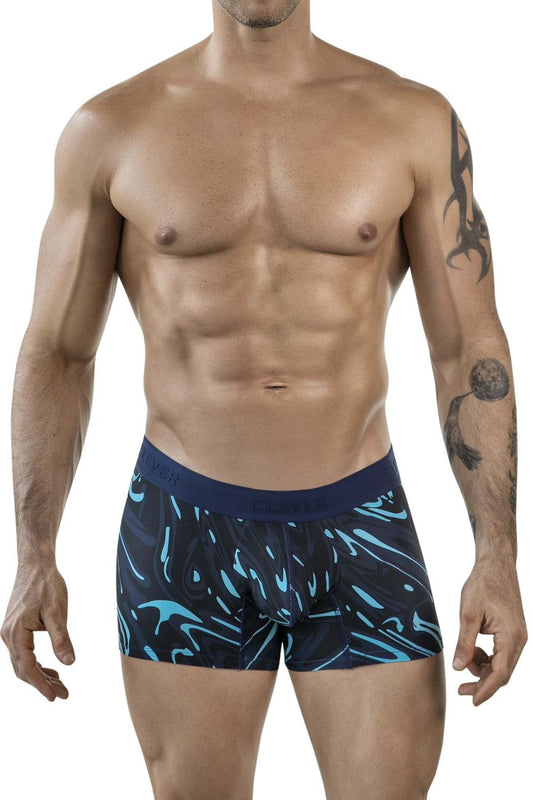 Dark blue Clever 1858 Grosh trunks boxer briefs with vibrant turquoise wave pattern and solid navy waistband
